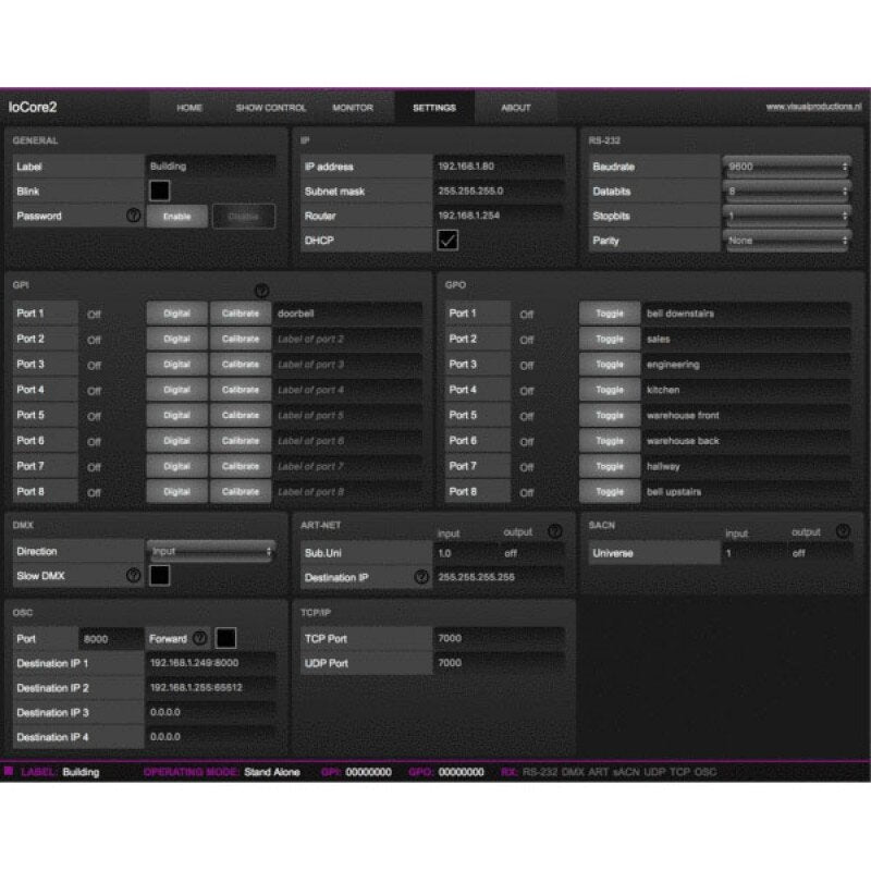 Visual Productions - IoCore2 - GPI+GPO interface with RS-232 and DMX