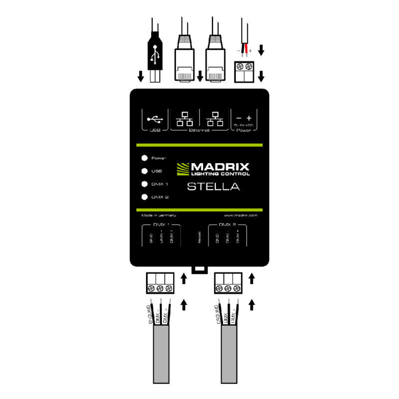 MADRIX - STELLA  - 2-port network node with RDM support, Art-Net Node / USB 2.0 DMX-512 interface, 2 x DMX IN/OUT, DIN rail