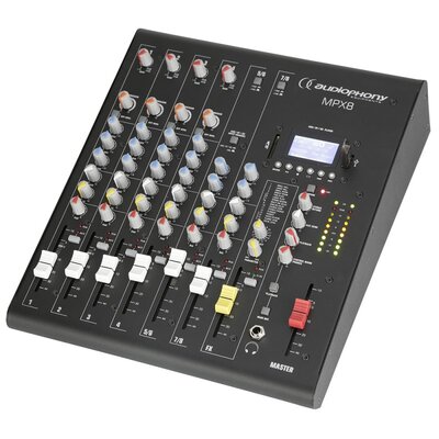 Audiophony - MPX8  - 8 CH analogue mixer with MIC / line inputs, compressor and effects, USB / SD / BT player