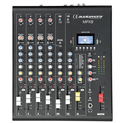 Audiophony - MPX8  - 8 CH analogue mixer with MIC / line inputs, compressor and effects, USB / SD / BT player