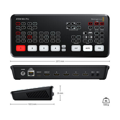 Blackmagic Design - ATEM Mini Pro - Live switcher with 4 HDMI input, webcam out, audio mixer and 2 DVE incl. H.264 USB recorder and streaming engine