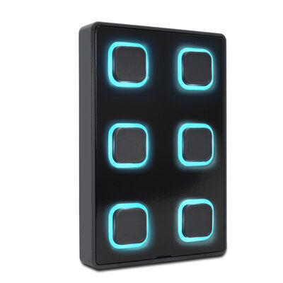 Visual Productions - Wall-mount panel with 6 backlit push-buttons that can be configured to send out a multitude of control messages via DMX, UDP, OSC, Art-Net or sACN
