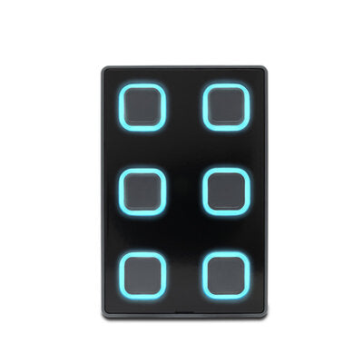 Visual Productions - Wall-mount panel with 6 backlit push-buttons that can be configured to send out a multitude of control messages via DMX, UDP, OSC, Art-Net or sACN