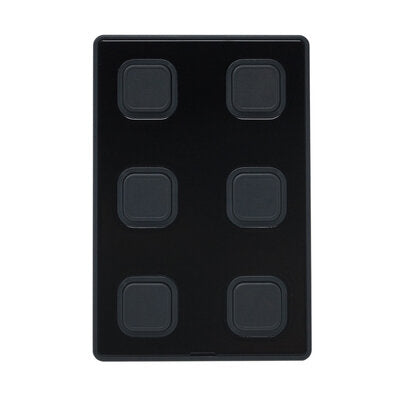 Visual Productions - Wall-mount panel with 6 backlit push-buttons that can be configured to send out a multitude of control messages via DMX, UDP, OSC, Art-Net or sACN