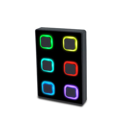Visual Productions - Wall-mount panel with 6 backlit push-buttons that can be configured to send out a multitude of control messages via DMX, UDP, OSC, Art-Net or sACN