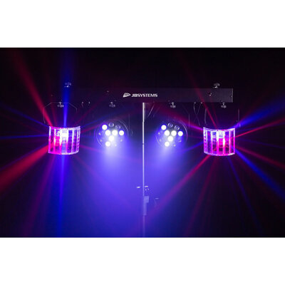 USB PARTYSET  - Versatile light set for home parties, includes 2 RGBW PAR lights, 2 RGBW DERBY lights, a light stand, and 2 transport bags