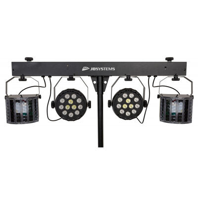 USB PARTYSET  - Versatile light set for home parties, includes 2 RGBW PAR lights, 2 RGBW DERBY lights, a light stand, and 2 transport bags