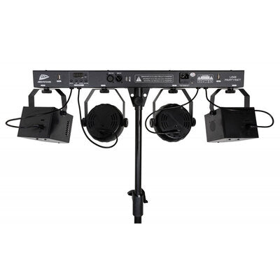 USB PARTYSET  - Versatile light set for home parties, includes 2 RGBW PAR lights, 2 RGBW DERBY lights, a light stand, and 2 transport bags