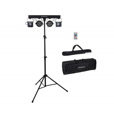 USB PARTYSET  - Versatile light set for home parties, includes 2 RGBW PAR lights, 2 RGBW DERBY lights, a light stand, and 2 transport bags