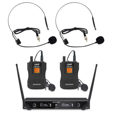 Rondson - BE-1020/2BP - Dual diversity UHF set, 2 lavalier and 2 headworn microphones, 2 bodypack, 1 receiver, 663/676.6 MHz