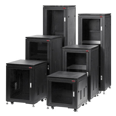 P12U N - 12U steel cabinet 19" with glass front, lock, castors, 4 pairs of slides, 24 screws