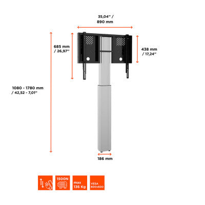 1000013116 - Expert Display stand with wall mounting, electrically adjustable height - 70 cm - silver