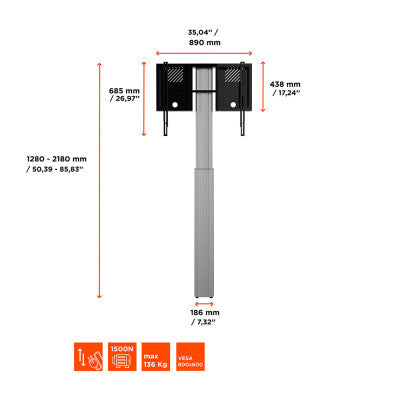 1000013117 - Display stand with wall mounting, electrically adjustable height - 90 cm - silver