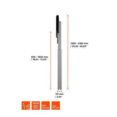 1000013117 - Display stand with wall mounting, electrically adjustable height - 90 cm - silver