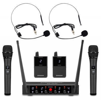 BE-2040/2MIC/2BP - 4-channel diversity UHF set, 2 handheld microphones and 2 bodypack with lavalier and headworn microphones with receiver, 500 - 700 MHz