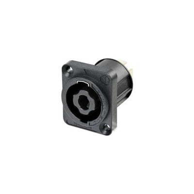 Neutrik - NL4MPXX  - SpeakON 4 pole chassis connector, black D-size flange, countersunk thru holes, 3/16" flat tabs.