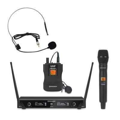 Rondson - BE-1020/MIC/BP-3 - 655 / 669 MHz dual diversity UHF set, 1 handheld microphone and 1 bodypack with lavalier and headworn microphones + receiver