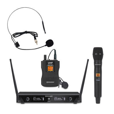 Rondson - BE-1020/MIC/BP-1 - 664.1 / 687.1 MHz dual diversity UHF set, 1 handheld microphone and 1 bodypack with lavalier and headworn microphones + receiver