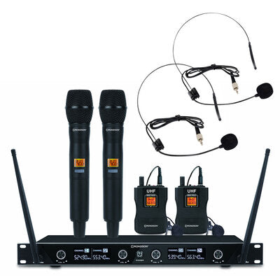 BE-1040/2MIC/2BP-3 - 501.0 / 511.5 / 524.0 / 538.5 MHz 4-channel diversity UHF set, 2 handheld microphones and 2 bodypack with lavalier and headworn microphones