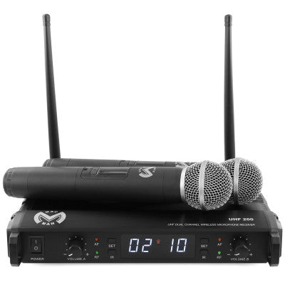 UHF 200 M - Complete wireless microphone, 2 handheld transmitters and 1 receiver, transmission frequencies 660 - 690 MHz