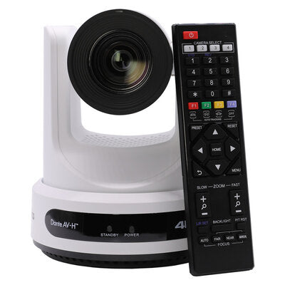 PTZOptics Link 4K 12X white - 4K UHD PTZ camera, 12x optical zoom with auto-tracking function, supports simultaneous IP Video (DANTE AV-H, SRT, RTMPS, RTSP), USB2.0, 3G-SDI, HDMI2.0 outputs, PoE+, white