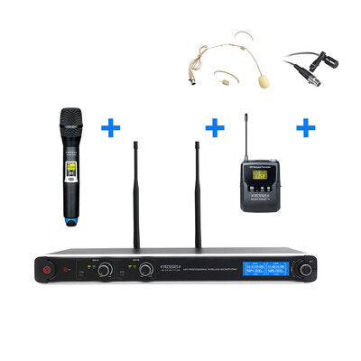 4910_DA_UHF_MHPT20 - UHF wireless system, 1 handheld transmitter, 1 bodypack (with headworn and lavalier mics), 1 dual CH PLL receiver