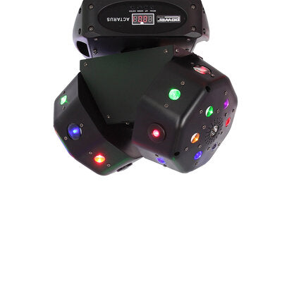 ACTARUS - Multi-beam moving head equipped with 2 independently rotating heads, Beam, Gobo, Strobe effect in warm light (gold LED), 4 laser heads with multi-point beams