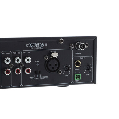 PA 120 MEDIA - 120 W RMS receiver, 70 / 100 V or 4 - 16 ohm , Class-D amplifier, USB, FM, Bluetooth player, 3 inputs, 220 V AC and 24 V DC power supply