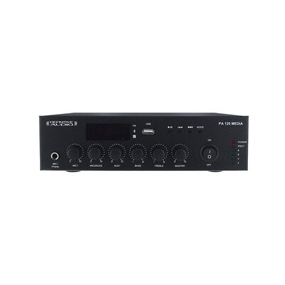 PA 120 MEDIA - 120 W RMS receiver, 70 / 100 V or 4 - 16 ohm , Class-D amplifier, USB, FM, Bluetooth player, 3 inputs, 220 V AC and 24 V DC power supply