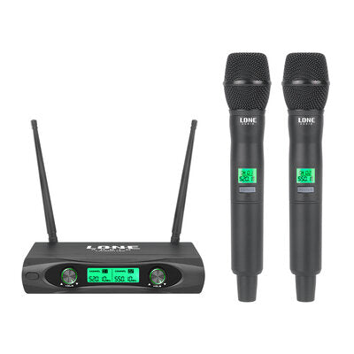 Rondson - LA-MIC102 - Dual channel UHF receiver microphone set with 2 handheld microphones, 4 fixed frequencies between 500 and 700 MHz, 10 mW transmit power