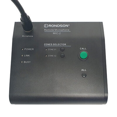 MIC-2 - 2-zone call microphone console for AM-2 series amplifiers, 3 zone buttons provide an easy-to-use control interface for zone calling, one general (ALL) and one for each zone (1 to 2)