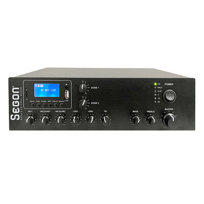 AM-120-2Z - 120 W RMS, 2-zone receiver / mixer for 70 / 100 V lines or low impedences, 2 adjustable zones, AM / FM tuner and USB / SD / Bluetooth player, LCD display, remote control