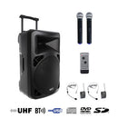BE 9700 PT V2 - 200 W + 120 W portable PA system with MP3 / SD / USB / DIVX / Bluetooth / CD player + 2 UHF handheld & headworn microphones, battery powered