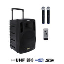 BE 9412 V2 - 250 W portable PA system with MP3 / SD / USB / DIVX / Bluetooth / CD player + 2 UHF handheld microphones, battery powered