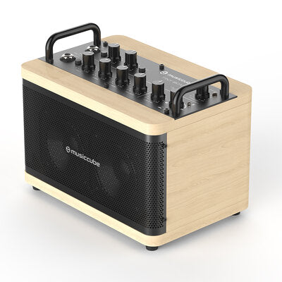 MUSICCUBE - 50 W mini multi-functional stereo PA loudspeaker, MIC and instrument inputs,  internal sound card, oak color