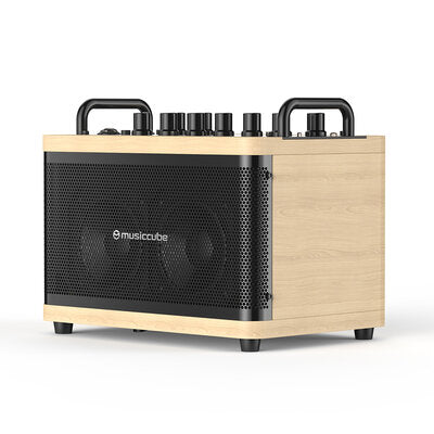 MUSICCUBE - 50 W mini multi-functional stereo PA loudspeaker, MIC and instrument inputs,  internal sound card, oak color