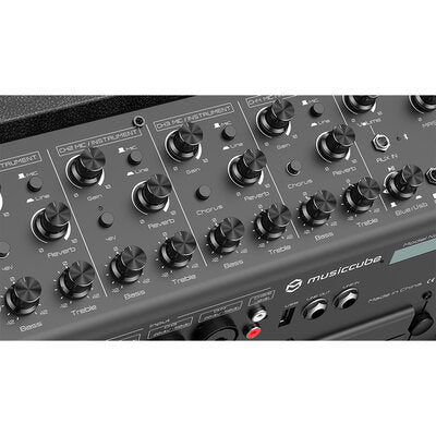 MUSICCUBE - 150 W multi-functional portable road-show loudspeaker, 4 input channels, 4 x 2" tweeter and 1 x 8" woofers, battery powered, black