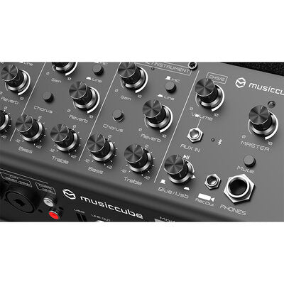 MUSICCUBE - 150 W multi-functional portable road-show loudspeaker, 4 input channels, 4 x 2" tweeter and 1 x 8" woofers, battery powered, black
