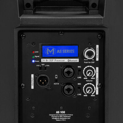 AS 108 - 2 ways active loudspeaker, 200 W (LF) + 50 W (HF) RMS, Class-D and Class-AB bi-amping, 24-bit / 96 kHz DSP, 2-channel mixer, XLR / jack connections, Bluetooth module