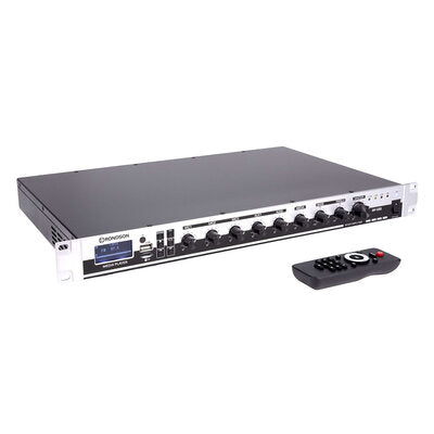 Rondson - 120 W mixer / amplifier on 100 V line, media player, ringtone and siren functions via Euroblock, telephone paging, 19" 1U rack
