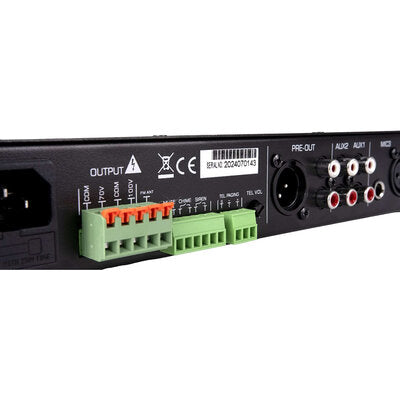 Rondson - 120 W mixer / amplifier on 100 V line, media player, ringtone and siren functions via Euroblock, telephone paging, 19" 1U rack
