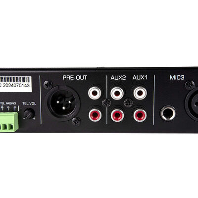 Rondson - 120 W mixer / amplifier on 100 V line, media player, ringtone and siren functions via Euroblock, telephone paging, 19" 1U rack