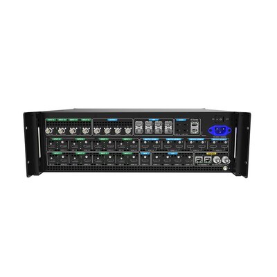 PIXELHUE - 8 x DP 1.2 / HDMI 2.0 + 4 x 12G-SDI inputs, 4 x 12G-SDI outputs, 8 x HDMI 2.0 outputs presentation switcher, Dante Audio networking, with flight case