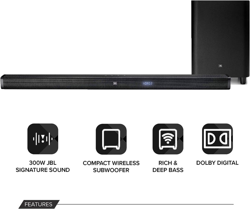 Sistema audio surround soundbar Home Cinema 2.1 JBL con bluetooth e subwoofer wireless da 6.5", 300W