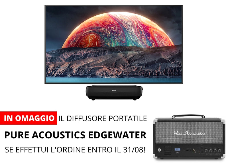 Videoproiettore laser TV Hisense 120L9G-A12 con schermo da proiezione fisso con telo ALR (UST) da 120" incluso + Diffusore wireless Pure Acoustics Edgewater in omaggio