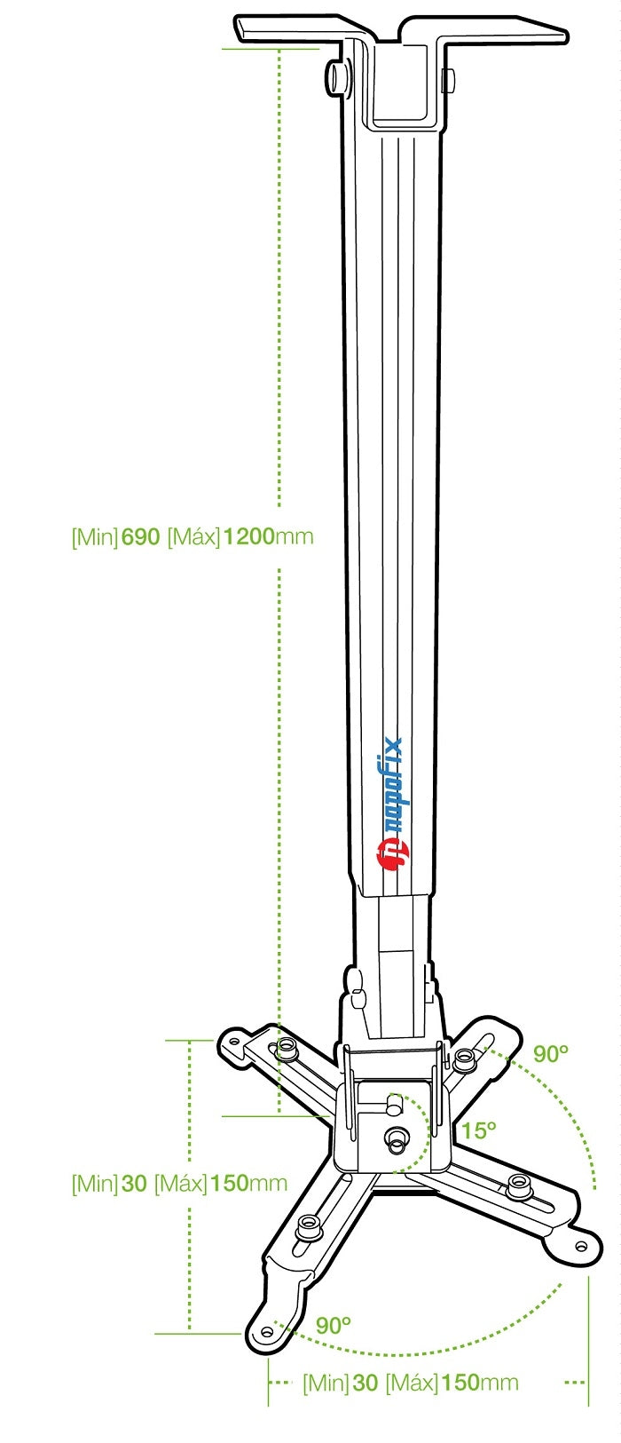 Supporto da soffitto universale orientabile per videoproiettore con altezza regolabile 73/120cm, silver