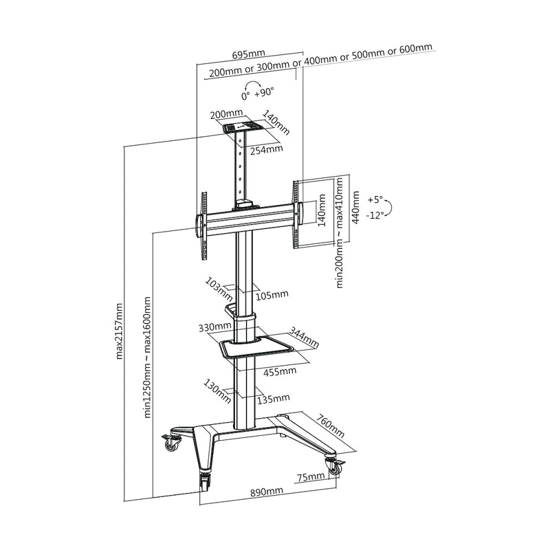 Carrello professionale da pavimento con altezza regolabile per monitor con portata 70kg e VESA fino a 600x400mm, completo di ripiano e alloggio per webcam, bianco