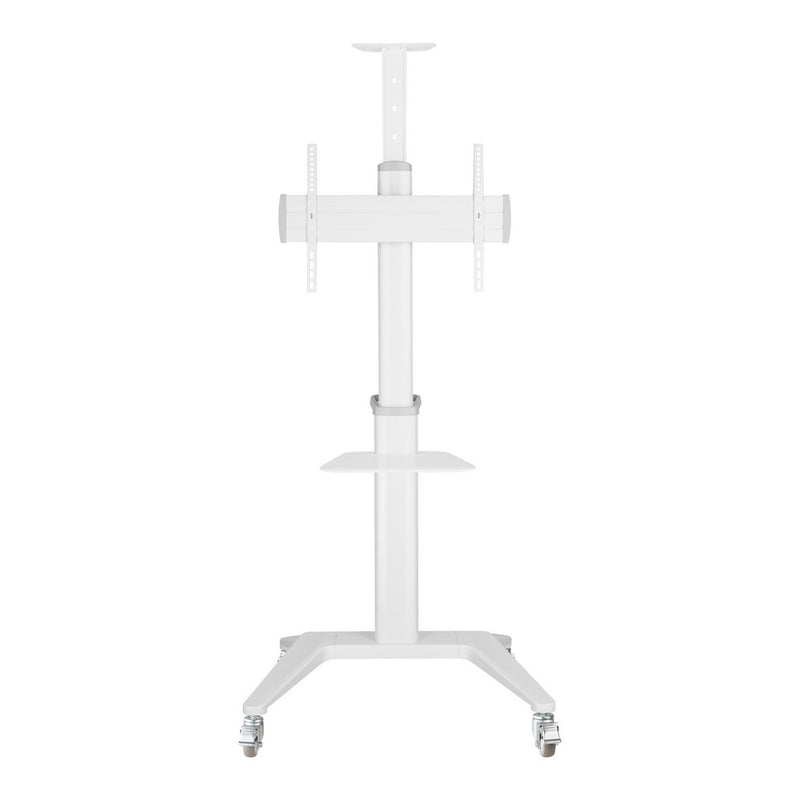 Carrello professionale da pavimento con altezza regolabile per monitor con portata 70kg e VESA fino a 600x400mm, completo di ripiano e alloggio per webcam, bianco