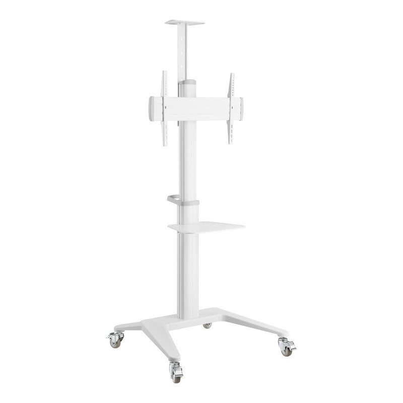 Carrello professionale da pavimento con altezza regolabile per monitor con portata 70kg e VESA fino a 600x400mm, completo di ripiano e alloggio per webcam, bianco