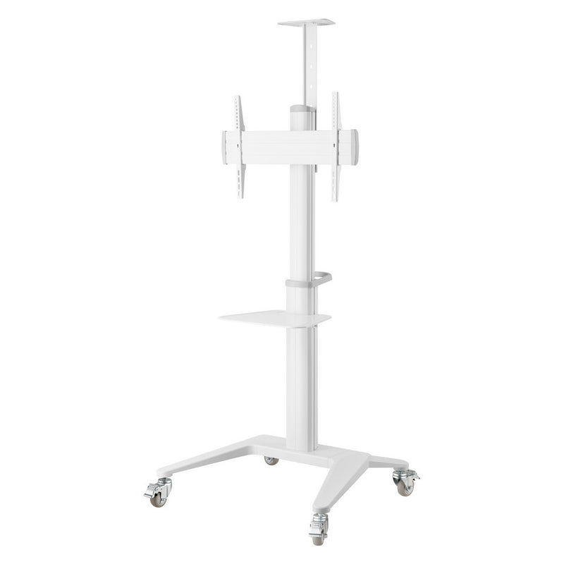 Carrello professionale da pavimento con altezza regolabile per monitor con portata 70kg e VESA fino a 600x400mm, completo di ripiano e alloggio per webcam, bianco